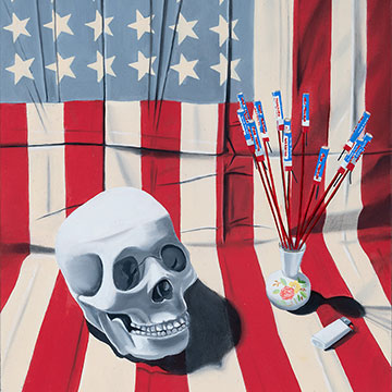 painting depicting a skull sitting on top of an American flag